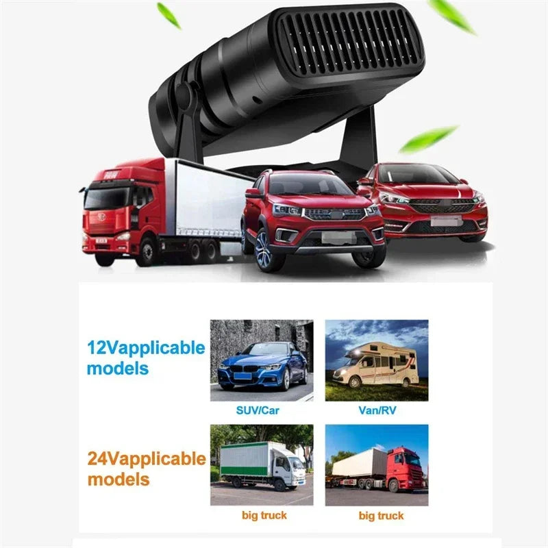 Aquecedor e desembaçador elétrico 12/24V com rotação de 360º para carros.